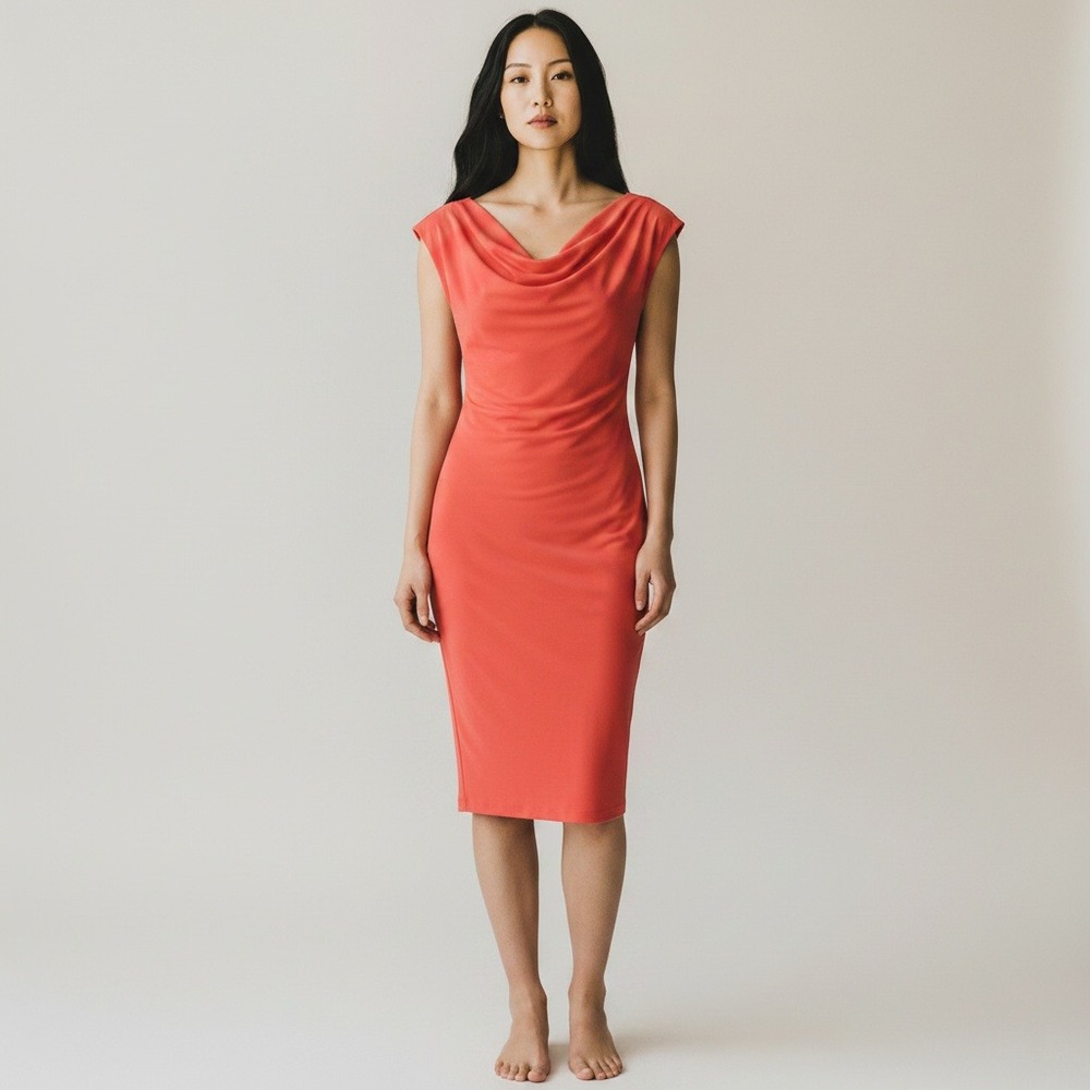 Diane von Furstenberg Coral Cowl Neck Sheath Dress Orange Sleeveless Medium